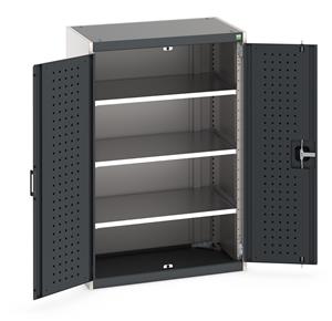 Heavy Duty Bott cubio cupboard with perfo panel lined hinged doors. 800mm wide x 525mm deep x 1200mm high with 3 x100kg capacity shelves.... Bott Tool Storage Cupboards for workshops with Shelves and or Perfo Doors